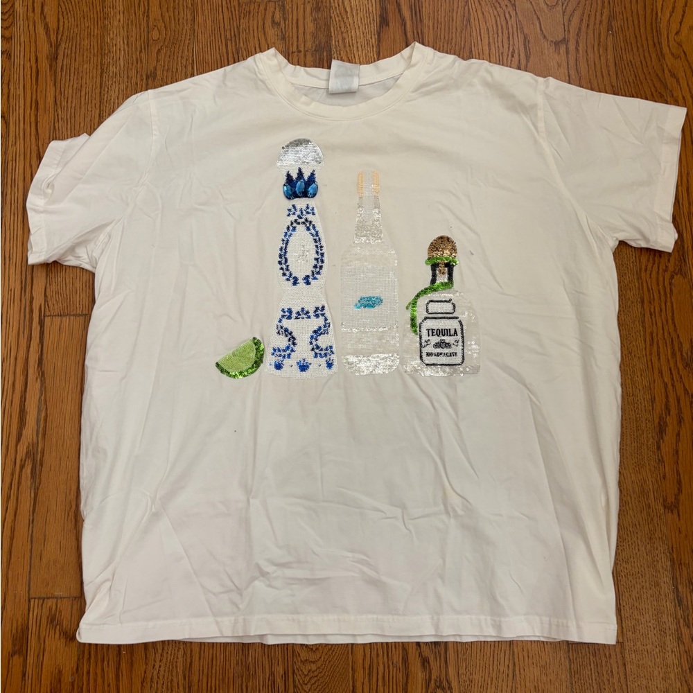 Queen of Sparkles Tequila Sequin Graphic Tee – White – Size XXL